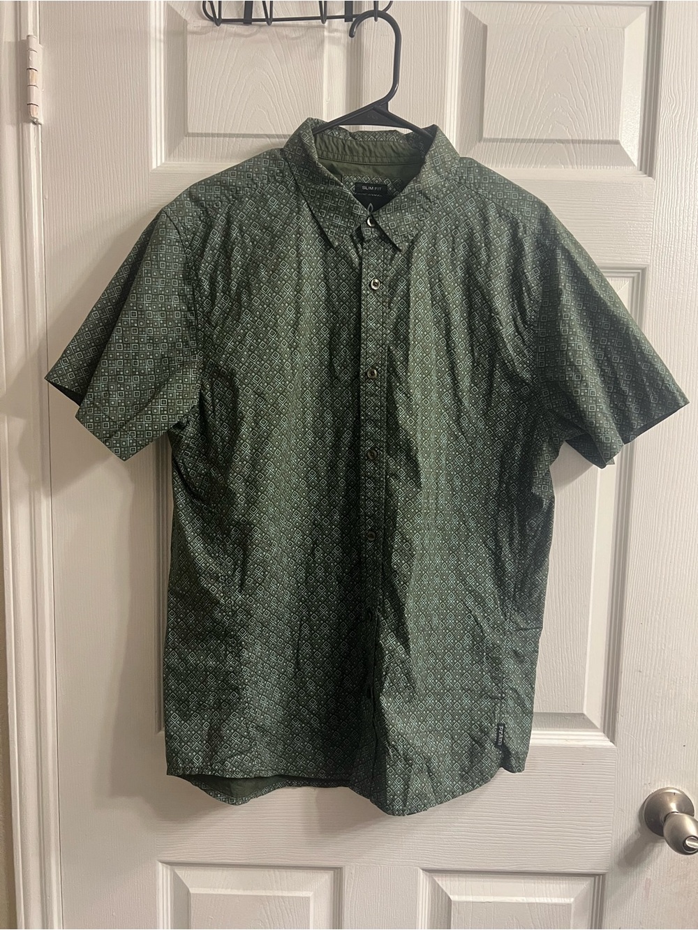 prAna Men's L Slim Fit Olive Green Geometric Short Sleeve Button Down Shirt